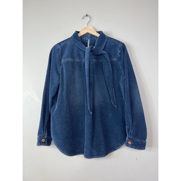 See by Chloe Knotted Tie Codruroy Blouse Top Women's Dusky Blue Size: Large NWT - Picture 2 of 10